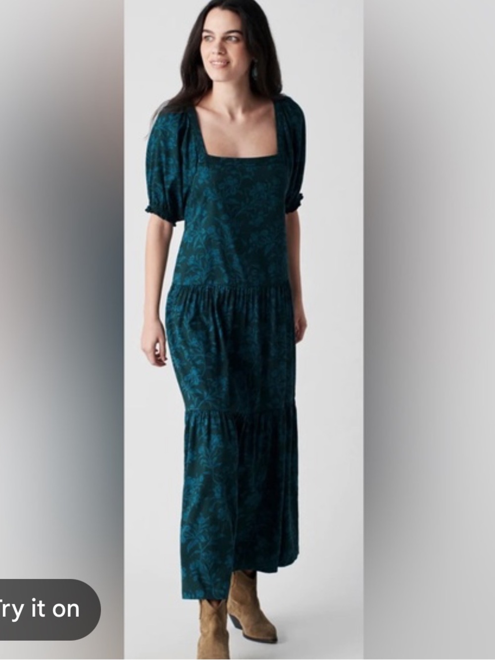 Faherty Somerset Maxi Dress Teal Floral Organic Cotton Puff Sleeve S/M